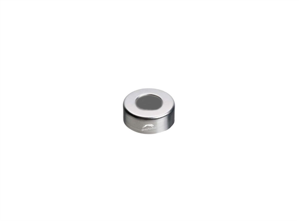 Picture of 20mm Magnetic Crimp Cap, Silver, Open 8mm Hole with Pharma-Fix Moulded Grey PTFE/Butyl Septa, 3mm, (Shore A 50)